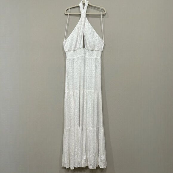 Alice + Olivia Lyndon Tiered Maxi Dress Cross Front Halter Eyelet Lace Open Back - Picture 4 of 14